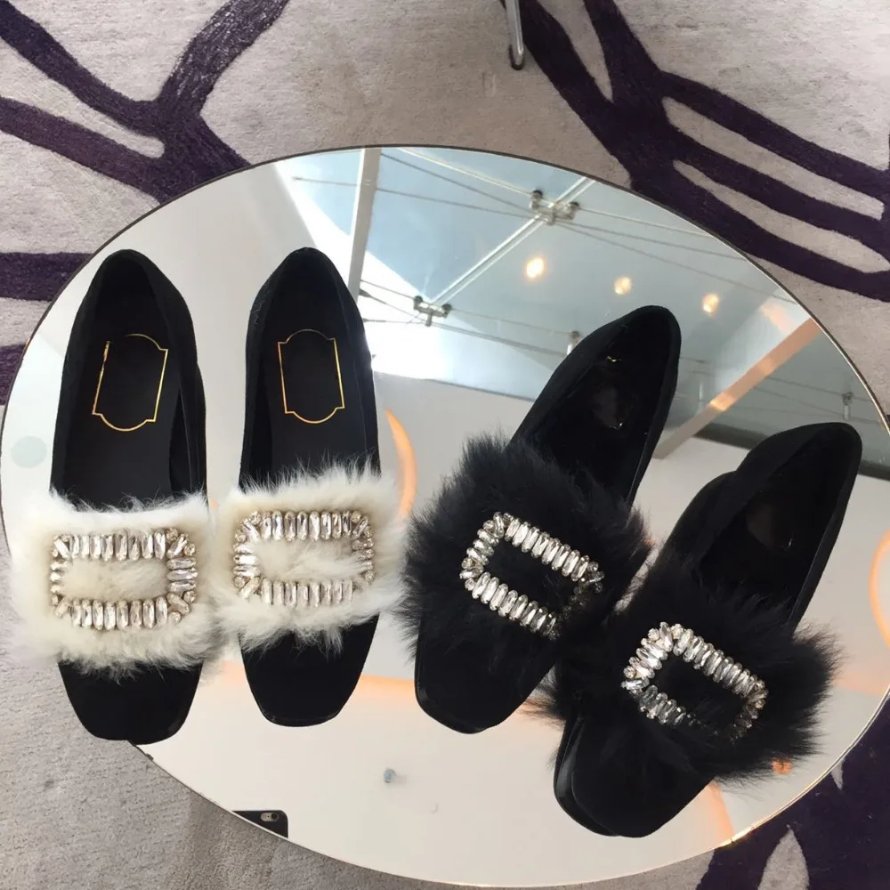

Kmeioo 2019 Spring New Brand Shoes Woman Loafers Crystal Flats With Fur Genuine Leather Shoes Women Dress Flat Black W
