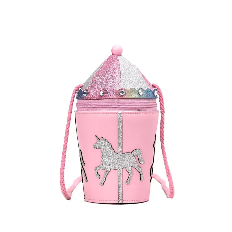 

Cute Pink Carousel Bucket Design Pu Leather Young Girl's Casual Daily Clutch Shoulder Crossbody Bag Women Handbag Clutch Bag