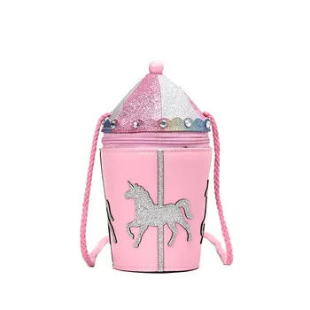 

Cute Pink Carousel Bucket Design Pu Leather Young Girl's Casual Daily Clutch Shoulder Crossbody Bag Women Handbag Clutch Bag
