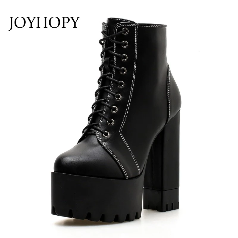 

Thick High Heel Lace Up Short Boots Fashion Women Winter Party PU Leather Martin Shoes Autumn Woman Platform Ankle Boots WB1417