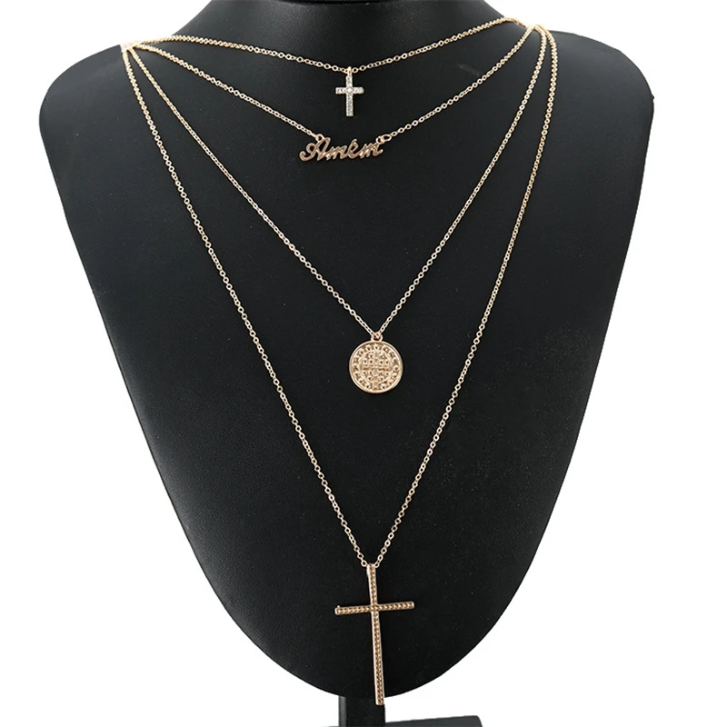 Gold Color Cross Letter Round Pendant Necklace Boho Multi Layer Choker Chain Link Necklace For Women Fashion Jewelry Gift