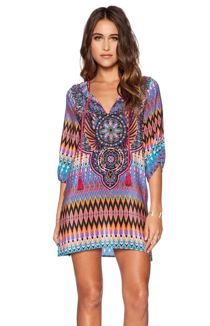 Spanish Brand Womens hippie beach dress 2015 Summer retro hippy floral