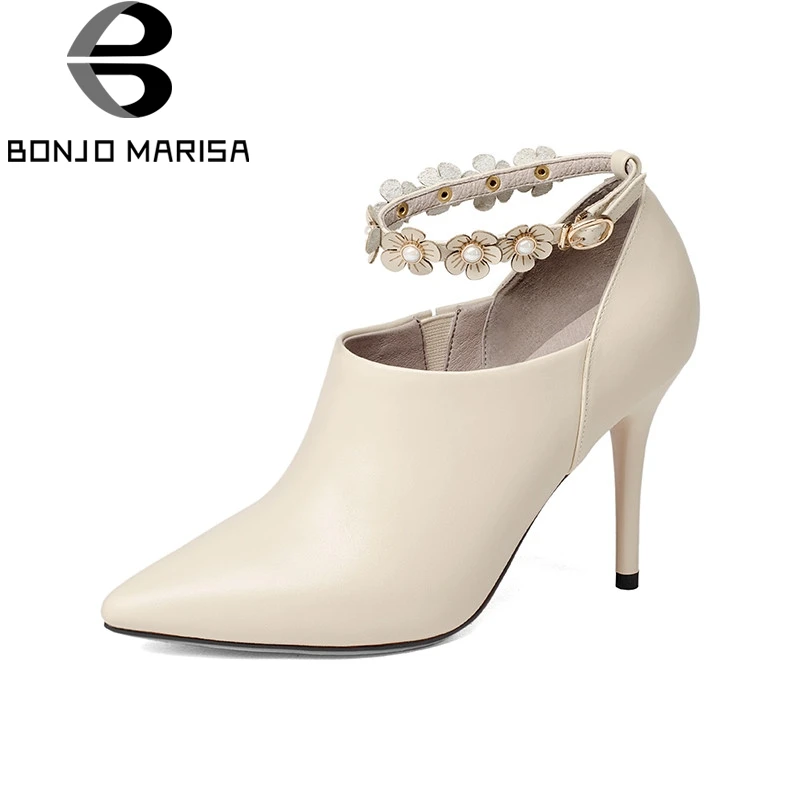 BONJOMARISA 2018 Spring Autumn Women Elegant Genuine Leather Ankle Strap Pumps Beading Flowers High Heels Shoes