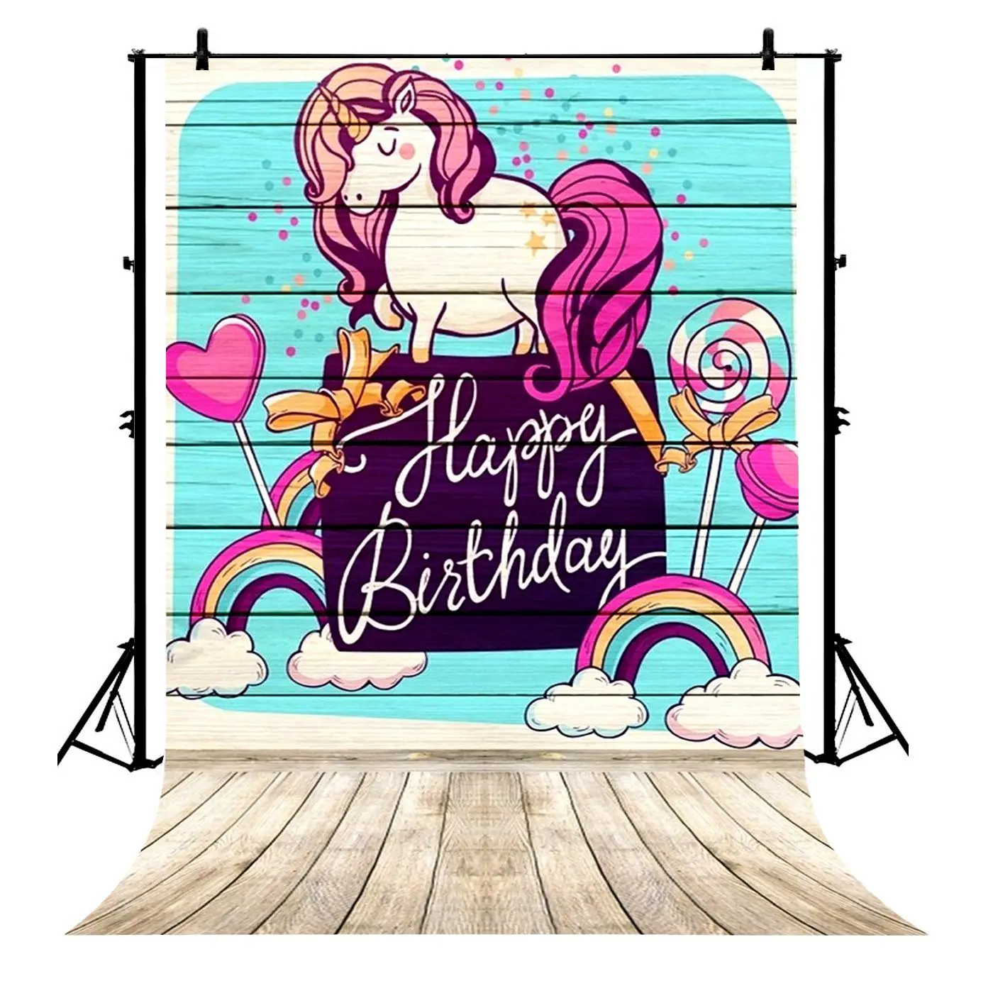 

5x7ft Unicorn Birthday Lollipops Rainbow Heart Love Woode Polyester Photo Background Portrait Backdrop