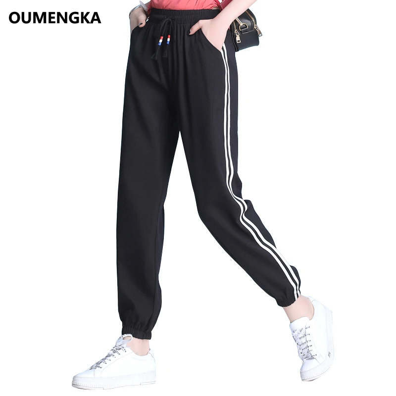 

OUMENGKA Harem Pants Trousers Women Ankle-Length Loose Jogger Mujer Sporting Elastic Waist Black Casual Combat Streetwear Fashio