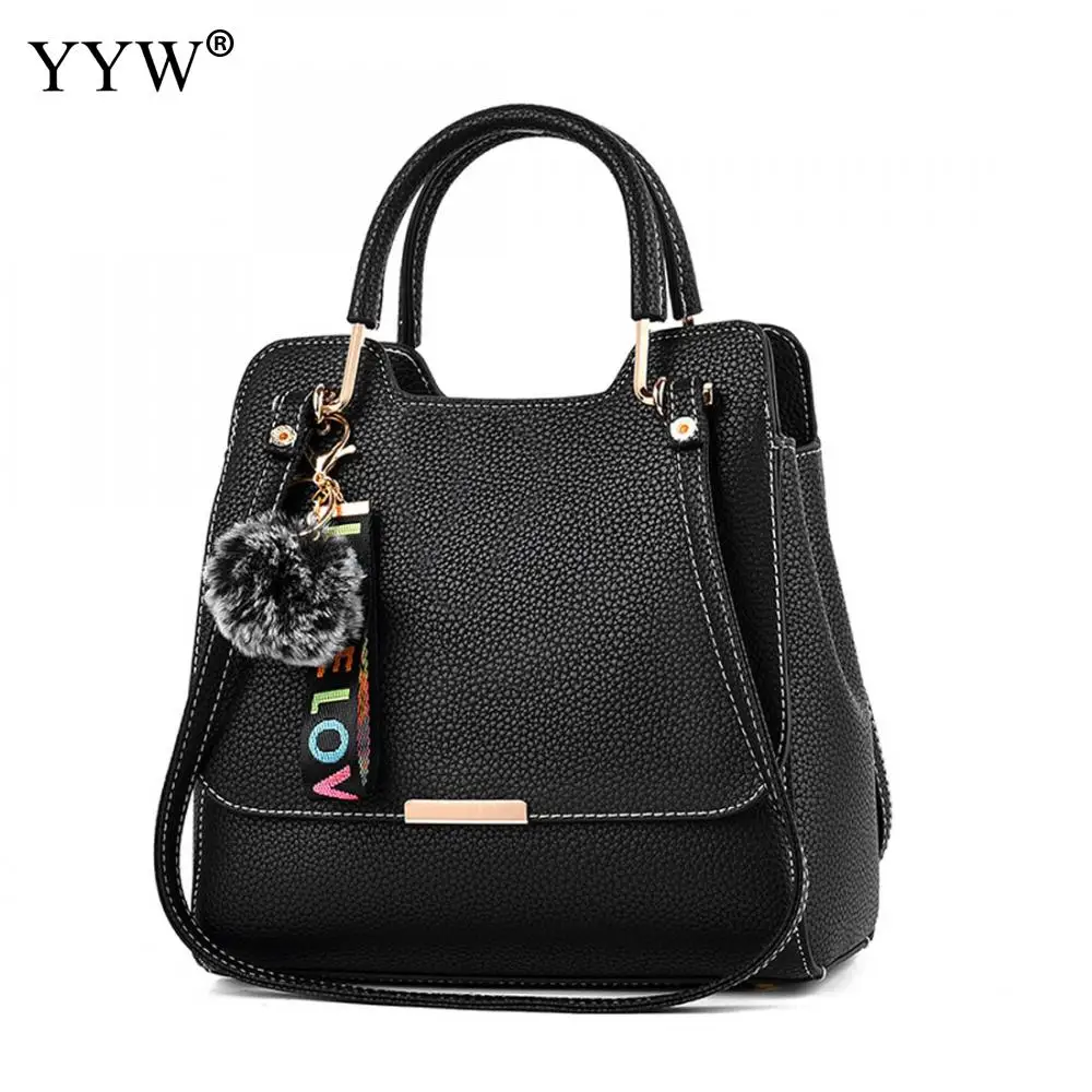 

YYW Fashion Pu Leather Women Shoulder Handbag Cute Lichee Pattern With Fur Ball Hand Bags For Girl Black Red Bolsos Moda Mujer