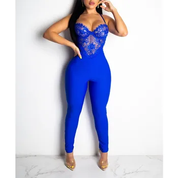 

Women Lace Patchwork Backless Jumpsuit Spaghetti Strap Clubwear Playsuit Solid Skinny Overalls