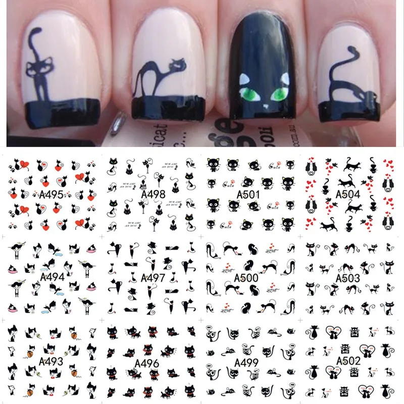 

Lovely Water Transfer Nails Art Sticker Black Cat Patterns Nail Wraps Sticker Watermark Fingernails Decals