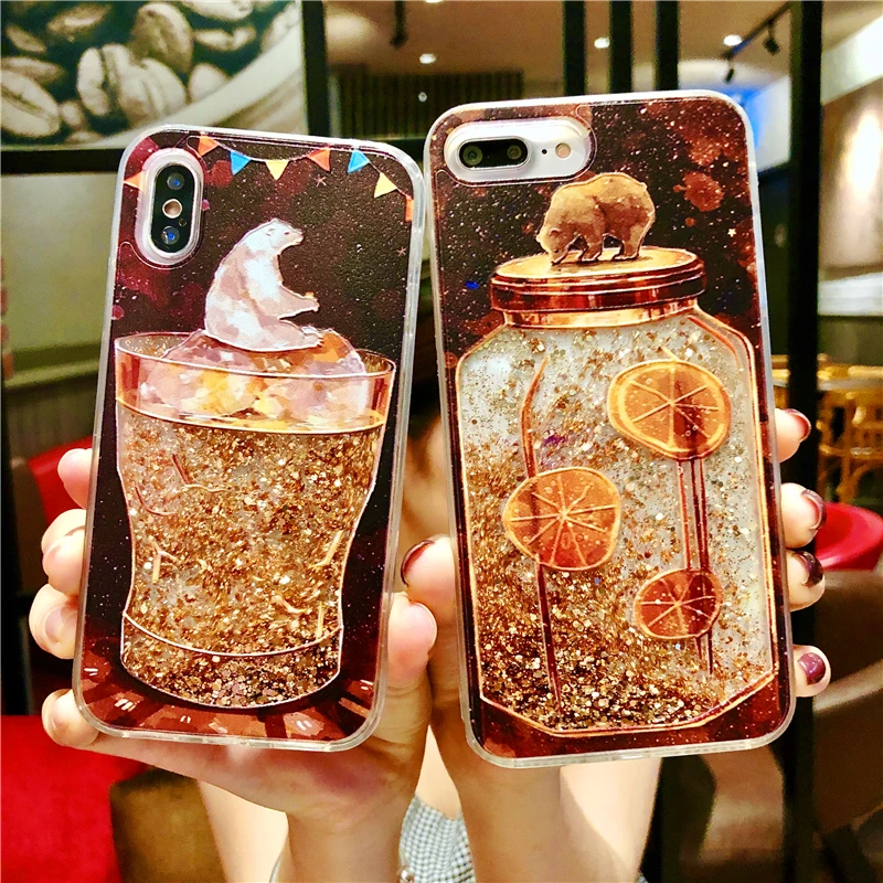 fun cute Bruin bottle Dynamic Liquid Case Quicksand phone For Apple iphone 6 6s 7 8 Plus X XS XR MAX |