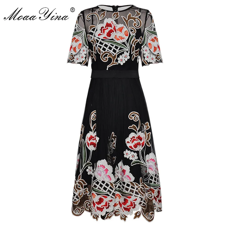 

MoaaYina Fashion Designer Runway dress Summer Women's Dress Short sleeve Mesh Floral Embroidery Slim Dresses Vestidos