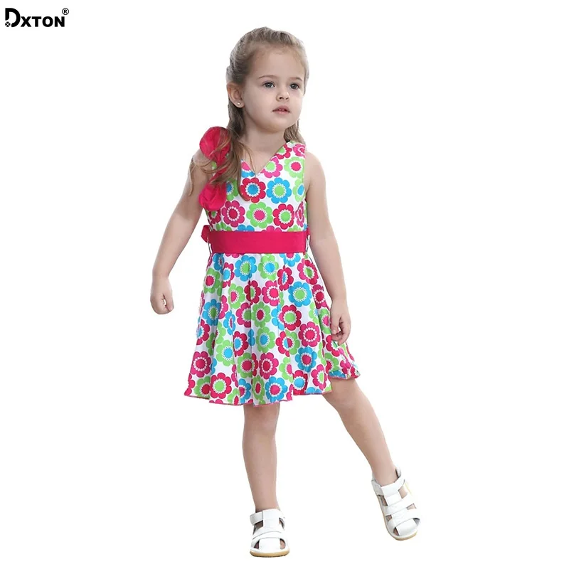 

Dxton 2019 Kids Dress Children VestdiosSummer Sleeveless Princess Dress With Bow Floral Print Fille Robe Girl Dress With Belt
