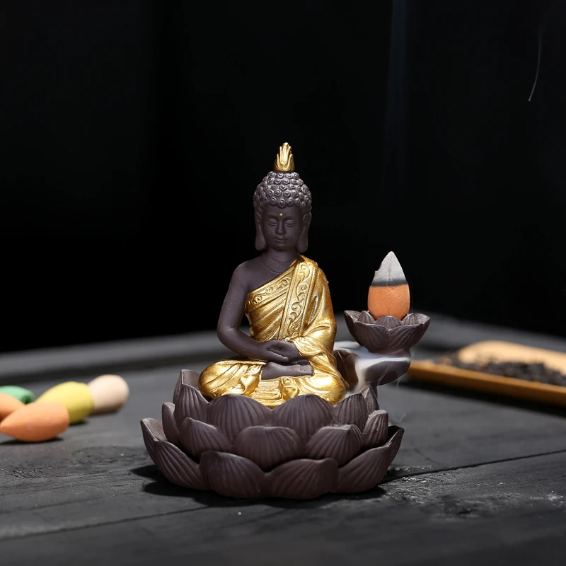 

Tearoom Decoration Golden Buddha Backflow Incense Holders Ceramic Lotus Burner for Home Decor Ornament Sandal Incense Stove