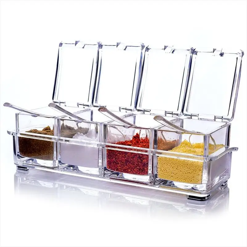 

4 Compartment Seasoning Box with Cover & Spoon Condiment Storage Container Kitchen Tool
