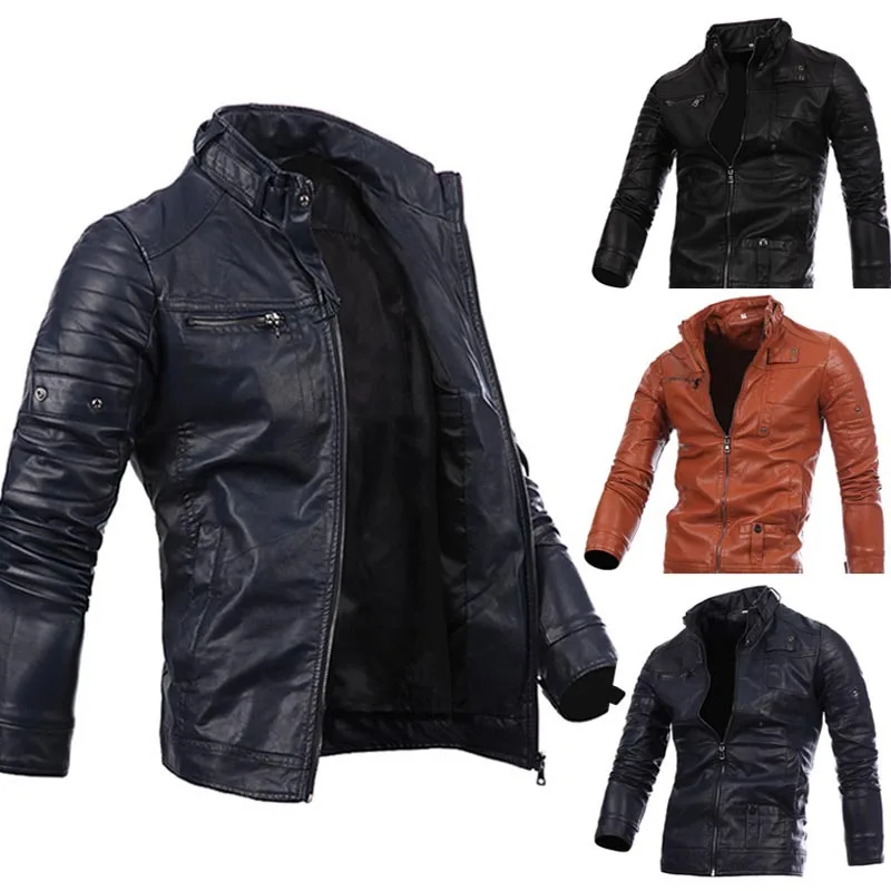 

HO 2019 men pure color leather classic decorative collar buttons motorcycle leather jackets