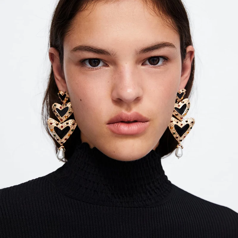 

JERPVTE Za Brand Geometric Heart Shaped Long Statement Earrings For Women Simulated Pearl Pendant Metal Enamel Stud Earings