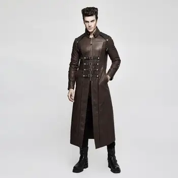 

Punk Rave Men's Multi-row Buckles Faux Leather Long Coat Coffee Y-809
