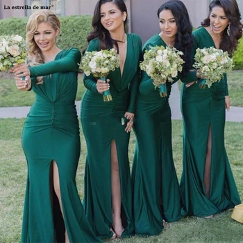 

Wedding party dress new elastic fabric V neck long sleeve green sexy mermaid bridesmaid dress long vestido boda mujer invitada
