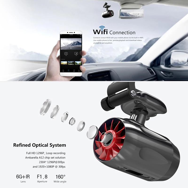 Junsun H030 Видеорегистраторы для автомобилей Ambarella A12 ADAS Wi Fi Камера FHD 1296 P dashcam видео