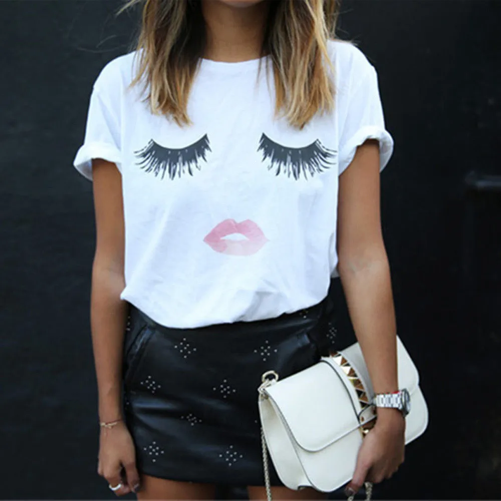 

2018 Womens Ladies Eyelash Printing Summer Eyelashes Lip Print T-shirt Top Loose Tops Short Sleeve T Shirt