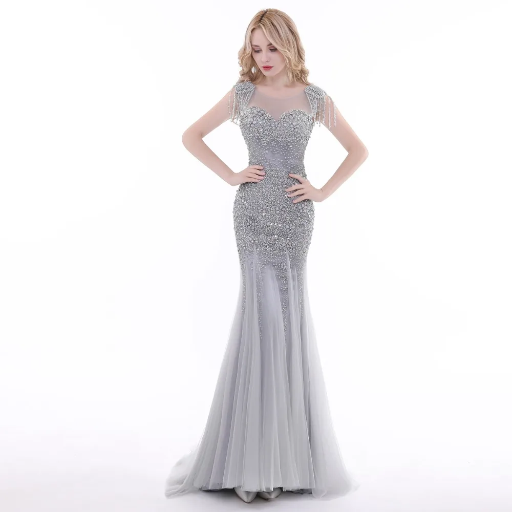 

Finove Evening Dress 2019 New Design Luxury Grey with Tassel Beaded Backless Mermaid Floor Length Woman Dresses Party Prom Gowns