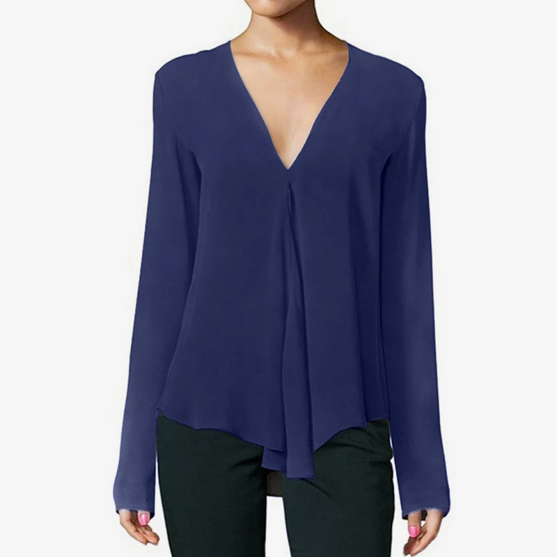 Женская шифоновая рубашка с v-образным вырезом, топ размера плюс 6XL, длинный рукав, Черная Женская блузка, лето, элегантные мягкие женские пуловеры, топы - Цвет: Navy