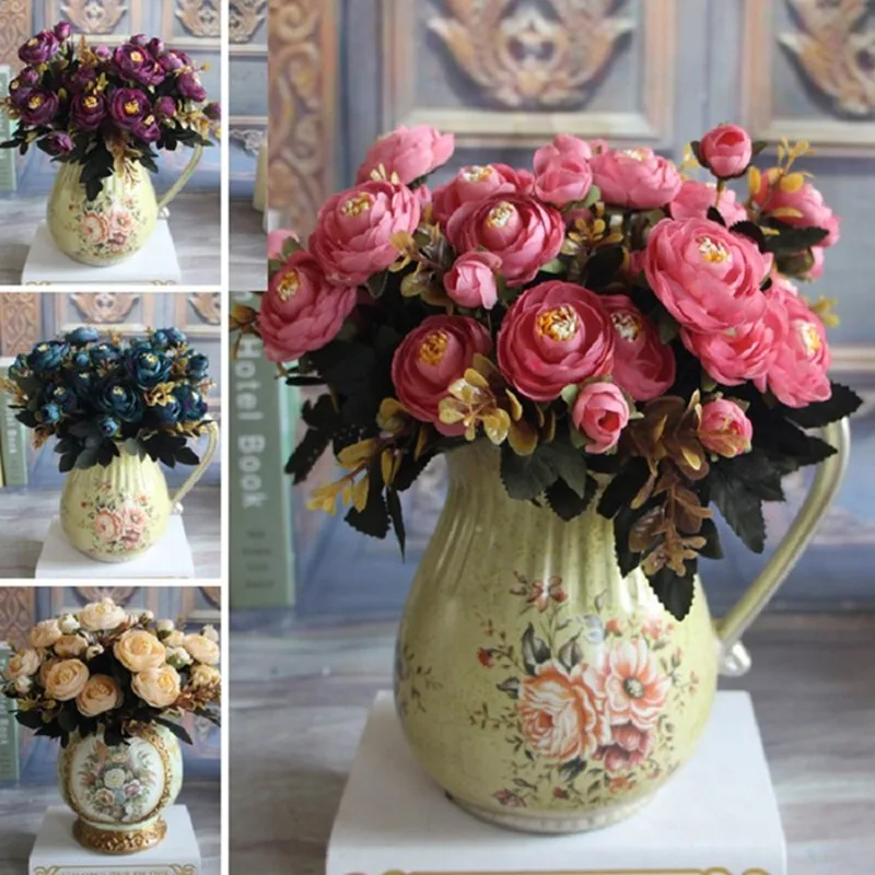

Artificial Flower Fake Peony Vivid 6 Head Autumn Home Room Bridal Hydrangea Decor Real Touch High Qulity