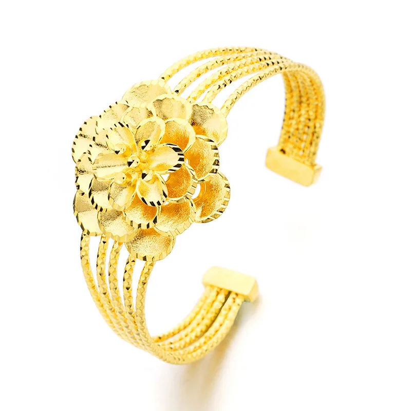 OMHXFC Европейская мода женщины девушка праздничный свадебный подарок винтажный цветок 24KT золото незамкнутые браслеты BE131 - Цвет камня: flower