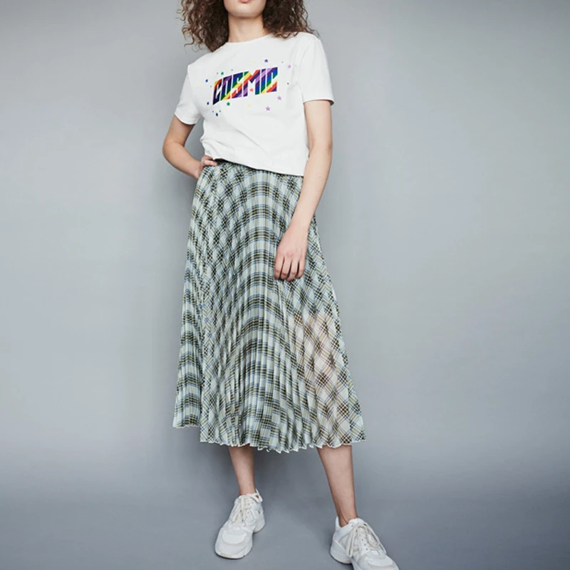 

Women Skirt 2019 Fall/Winter New Plaid Print Elasticated waist Long pleated skirt