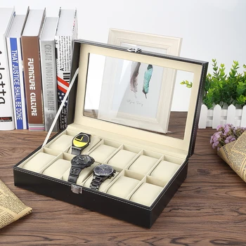 

12Grids Watch Box with One-word Lock Black PU Leather Watch Box Watch 12 Grids Watch Storage Case #40