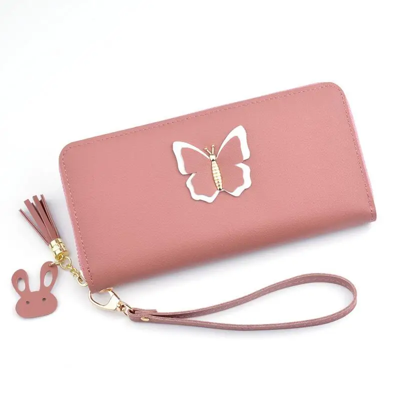 

New Fashion Women Tassel Zipper Clutch Wallet PU Leather Wallets Female Long Zipper Wallet Women High Capacity Butterfly Purse