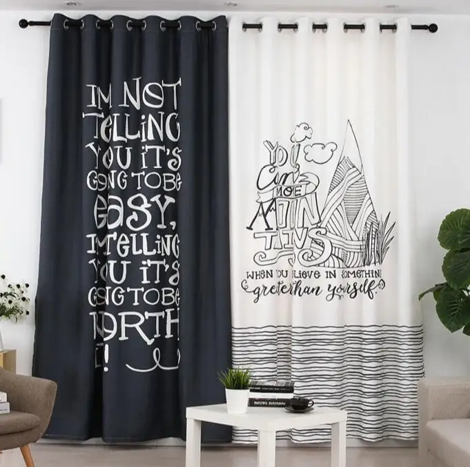 

INS Black and White Letters Printed Curtain Panel for Living Room Bedroom Blackout Curtains Drapes Window Panel Wide Style New