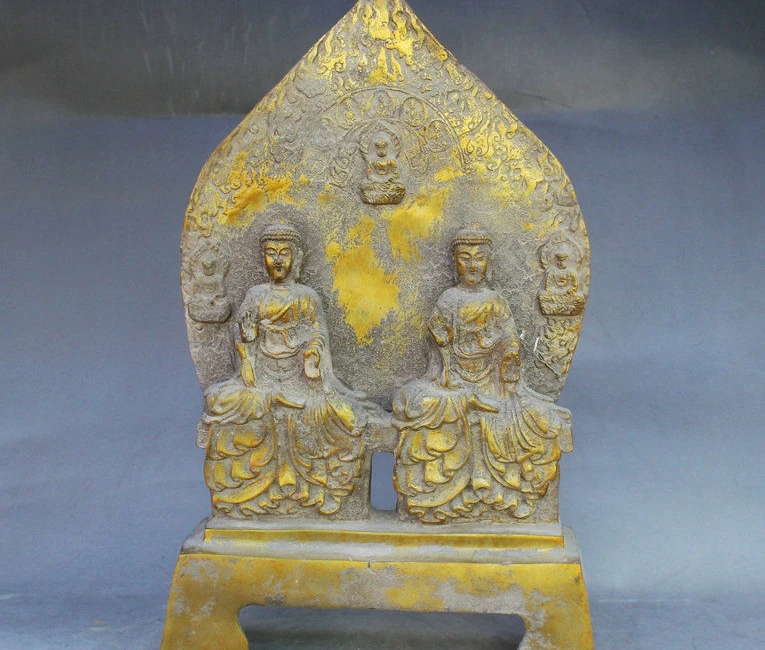 

13" Old China Tibet Buddhism Bronze Gilt Sakyamuni Shakyamuni Buddha Statue Set