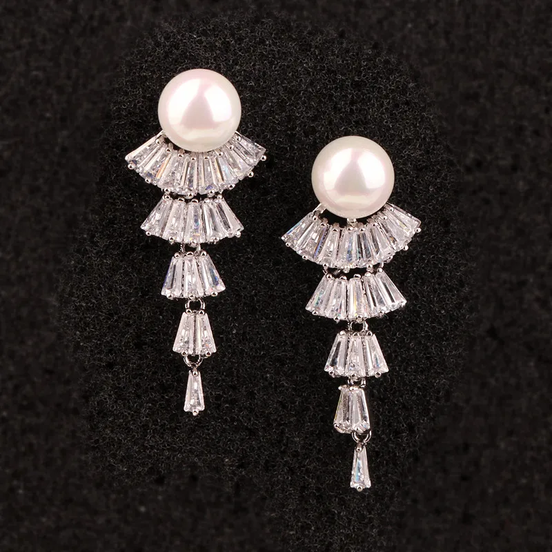 

925 Sterling Silver Earrings Luxury AAA Zircon Crystal CZ Pearl Long Drop Earrings Bridal Wedding Party Jewelry For Women Brides