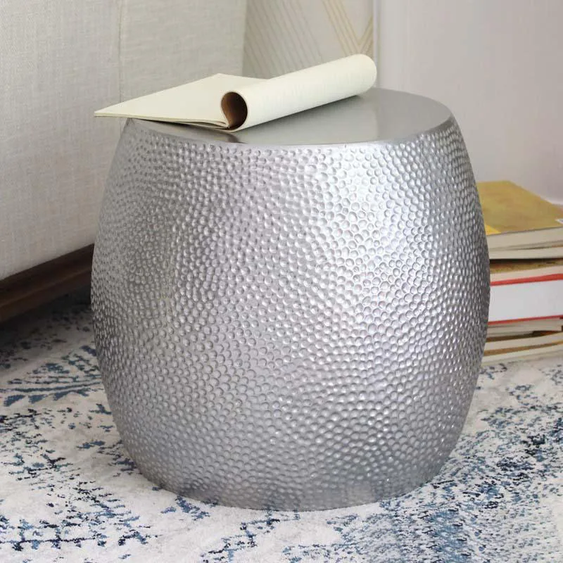 Silver Color Fiberglass Coffee Table Living Room Art Round Drum End Table Modern Leisure Side Table