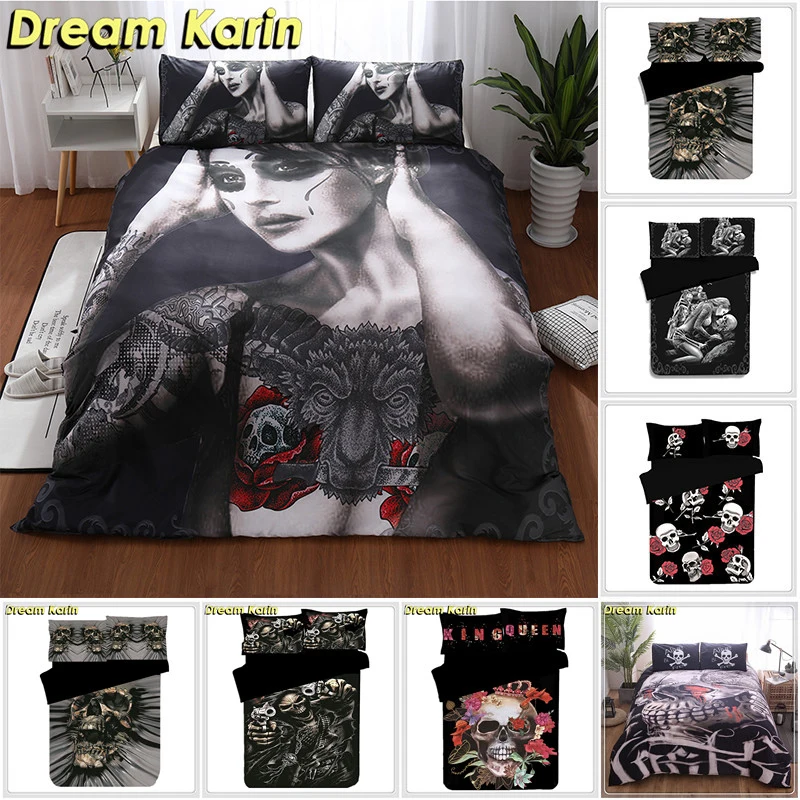 

Dream Karin Black Duvet Cover Set Skull 3D Printed Adult Comforter Bedding Sets With Pillowcase 3pcs