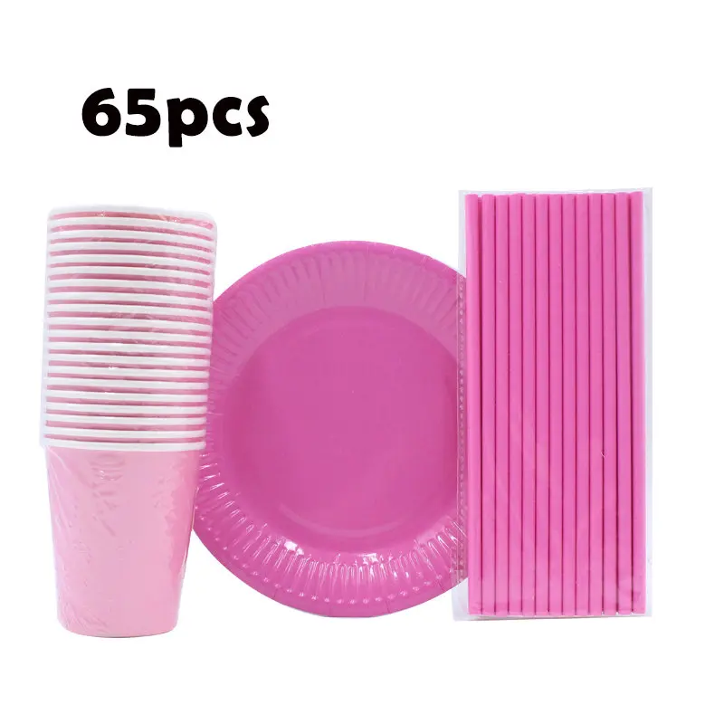 65pcs Birthday Wedding Decorations Pink Disposable Tableware Cups Plates Paper Straws Party Supplies Baby Shower Favors