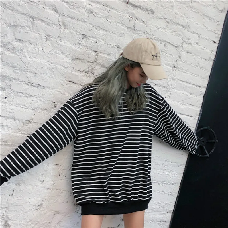 Hoodies Women Striped Korean Style High Quality Harajuku Loose O-Neck Womens Pullover Soft Thin Stu