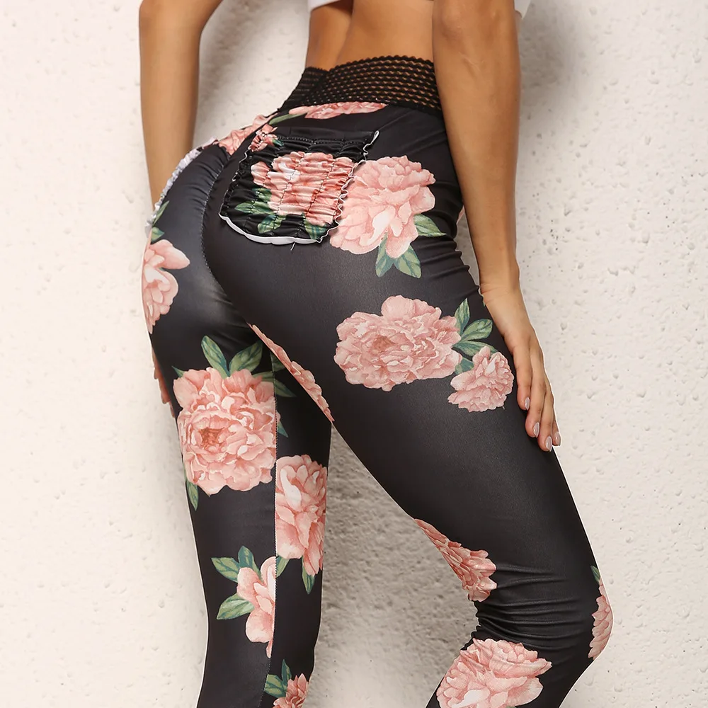 Women Push Up Fitness Legging Spandex High Waist Workout Legging Pants Female Floral Printed Elastic Pockets Leggings Plus Size