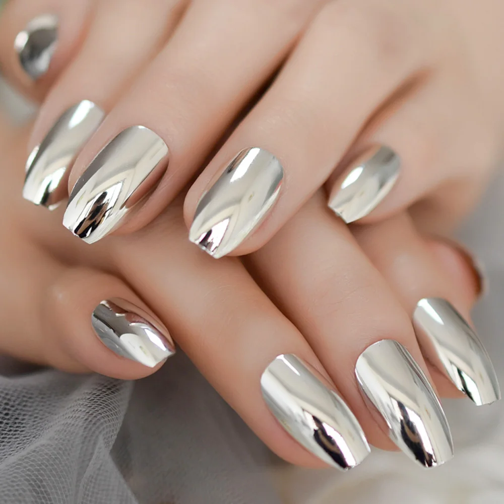 Coffin Shiny Punk Metallic Silvery White Ballerina False Fake Nails ...