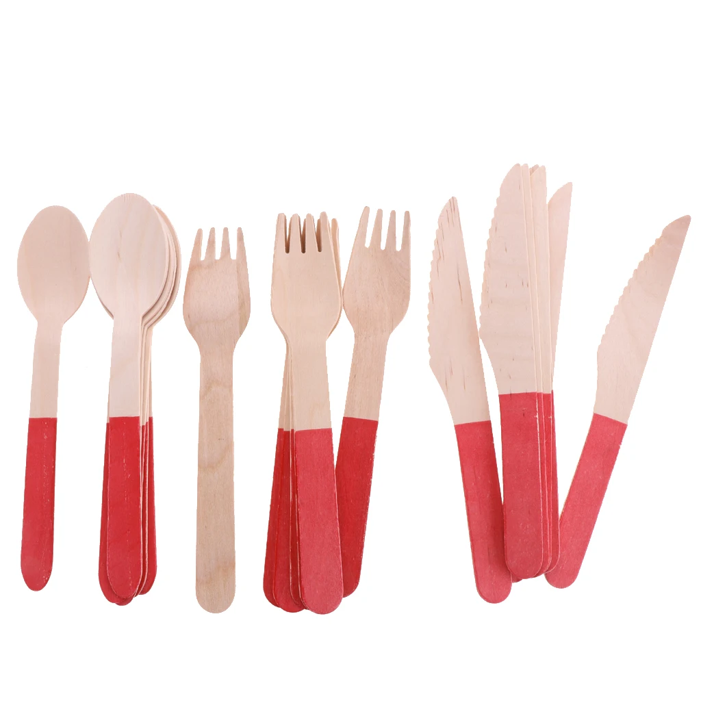 Pieces of 24 Vintage Disposable Wooden Fork Spoon Knife Home Party BBQ Tableware Cutlery Set