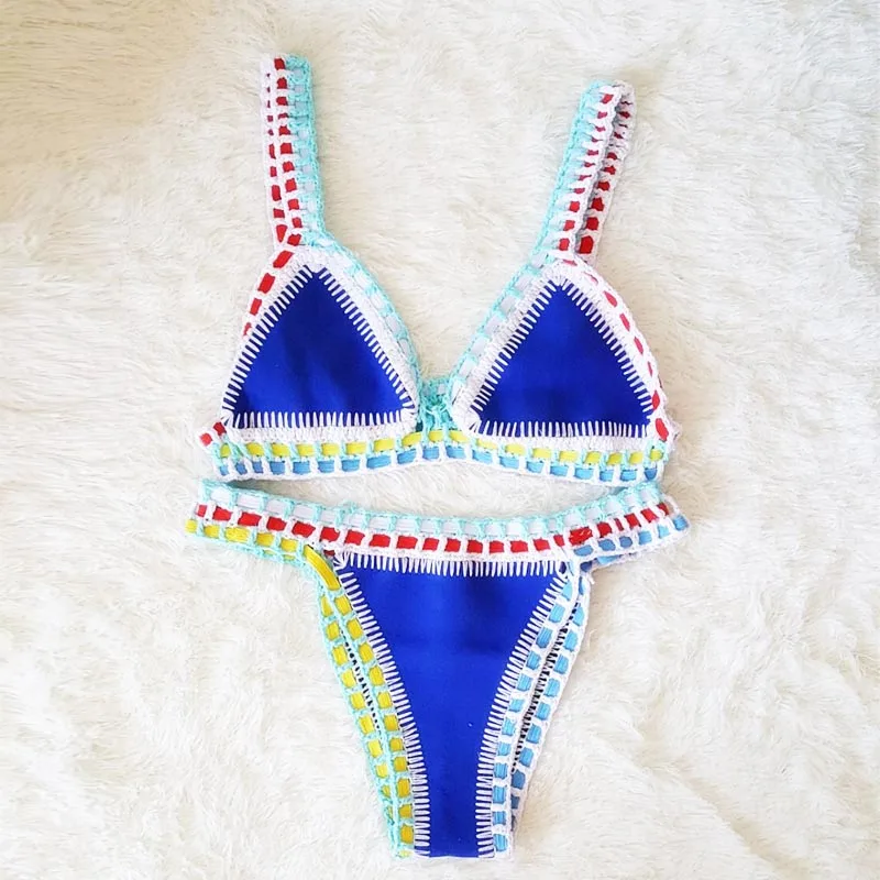 GI FOREVER Bikini Handmade Knit Swimwear Women 2019 Sexy Contrast Color Low Waist Swimsuit Bathing Suit Maillot De Bai