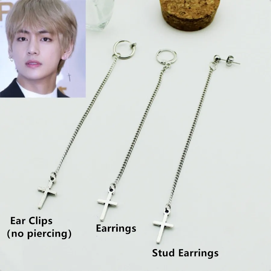 

Kpop V Long Chain Cross Earrings Kim Tae Hyung Chic Ear Clips Studs Jewelry 1 Pair