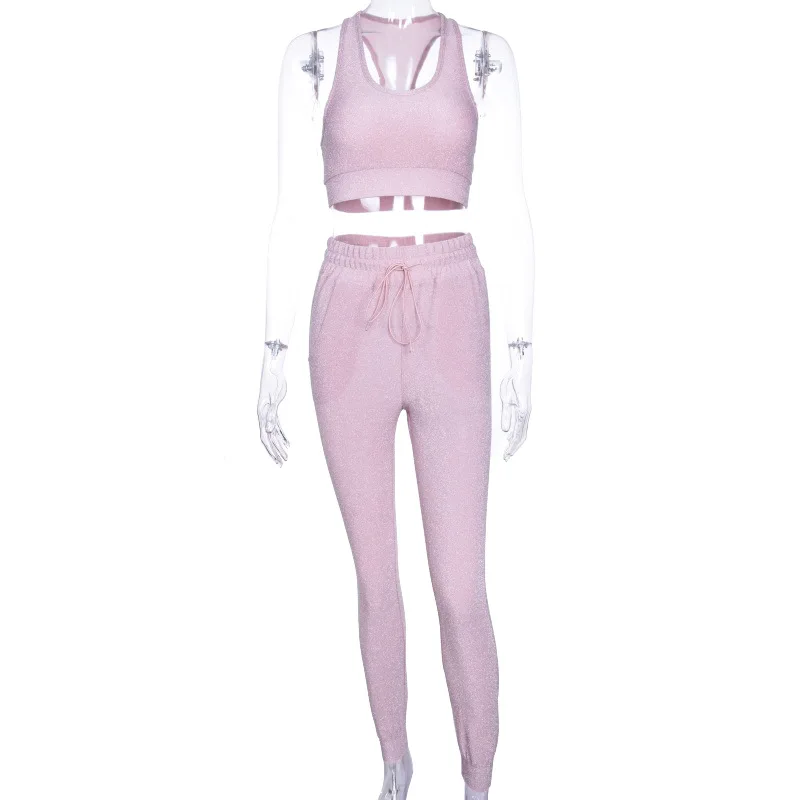 Летняя блестящая розовая одежда для тренировок Женский комплект для йоги бюстгальтер+ штаны Одежда для бега спортивный костюм спортивная одежда для фитнеса