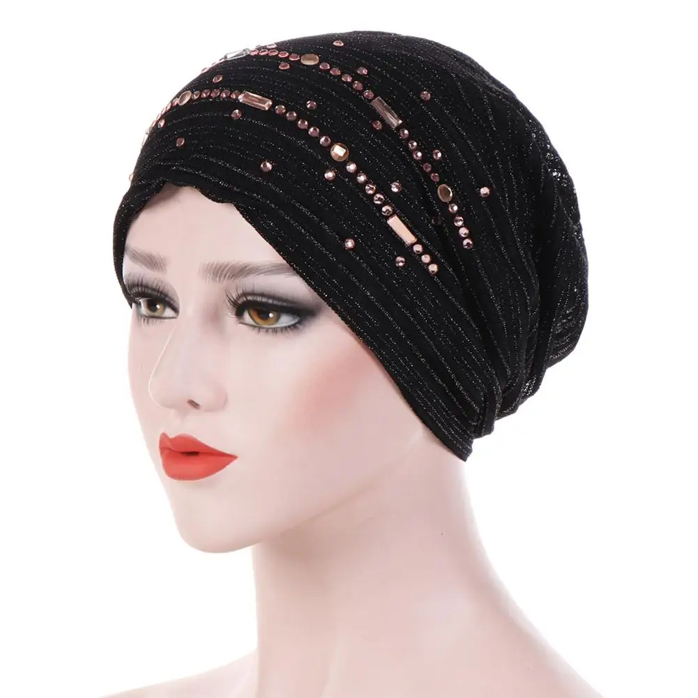 Women's Solid Color Rhinestone Breathable Autumn Beanie Cap Head Wrap