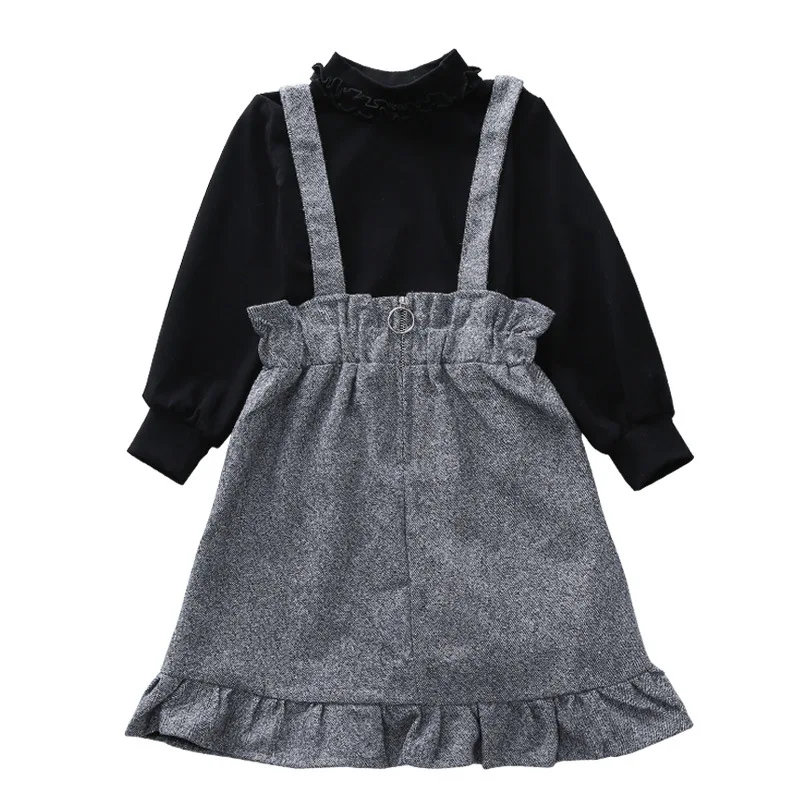 

2pcs 2019 Spring Kids Clothes Sets Big Girls Suspenders Dresses+Black Turtleneck Full Sweater Kids Dresses for Girls Long Sleeve