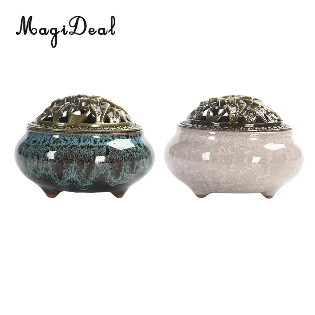 2x Cone Incense Burner with Alloy Cover Chinese Traditional Porcelain Sandalwood Censer Ceramic Incense Ash Catcher Tray Bowl