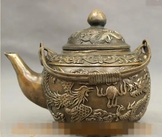 

S01145 Folk Chinese Bronze Auspicious Dragon Phoenix Statue Sculpture Teapots Wine Pot B0403
