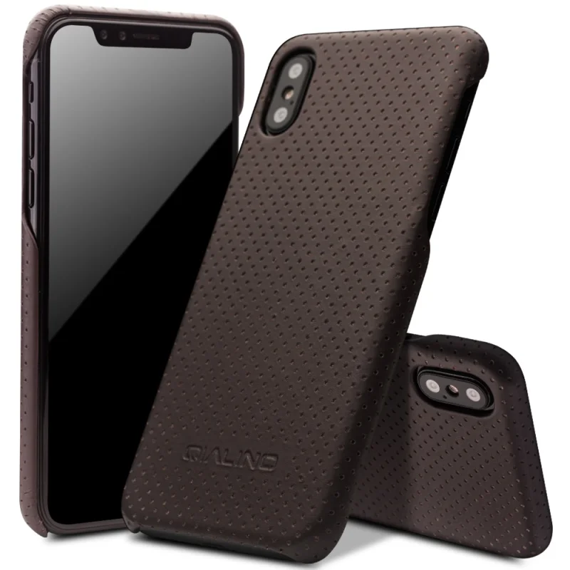 

QIALINO for iPhone X (Ten) 5.8 inch Case Mesh Holes Genuine Leather Coated PC Mobile Phone Back Cover Shell for iPhone X - Brown