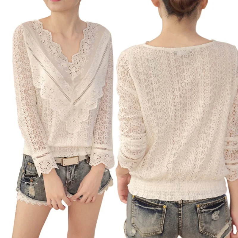 

New Arrival of Spring Autumn Women's Fashion Korean Blouse Neckline v Long Sleeve Laces of Slim Female Shirt