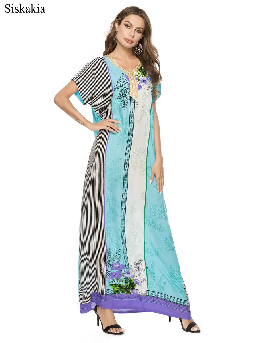 Siskakia Stripe Print Maxi Long Dress Women Elegant Loose Bohemia Style Female Long Dresses Light Blue V Neck Short Sleeve New (3)